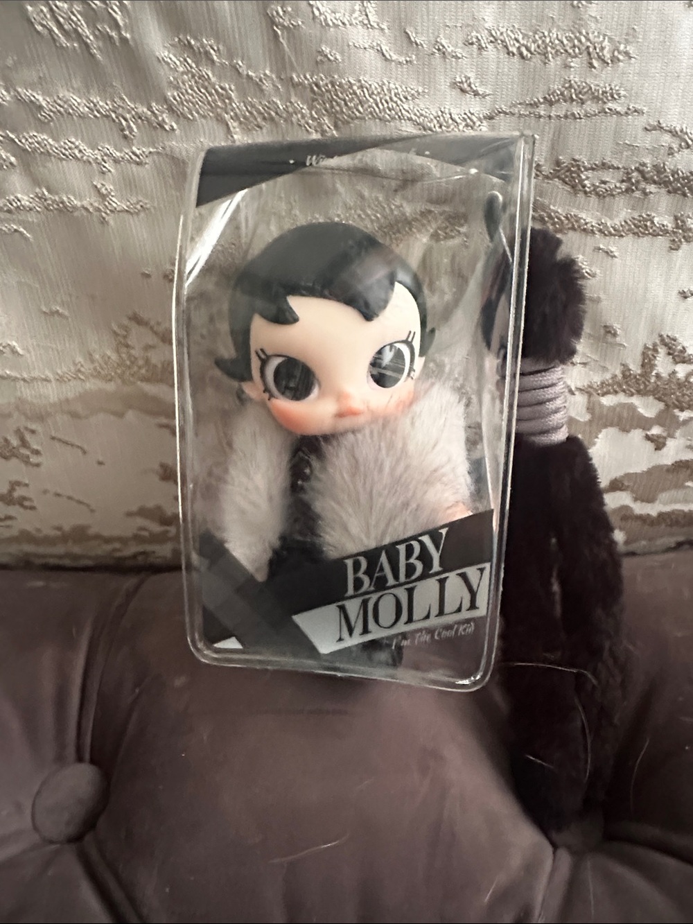 Baby Molly Plush Keychain - Black & Gray Fur Accent. Comes with clear soft case.
